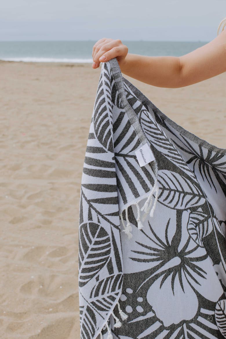 Hawaiian Flower Print Organic Cotton Reversible Turkish Towel, Alternate, color, Black