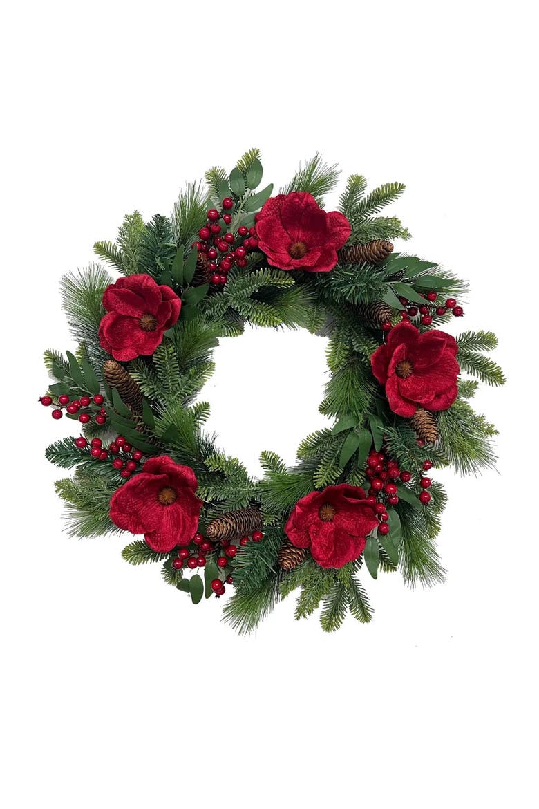 26" Pre-Lit Red Magnolia Pinecone & Berry Wreath, Main, color, Red magnolia, pinecone & berry
