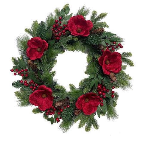 26" Pre-Lit Red Magnolia Pinecone & Berry Wreath