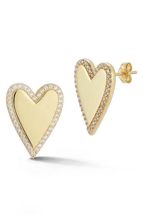 14k Gold Vermeil Heart CZ Stud Earrings