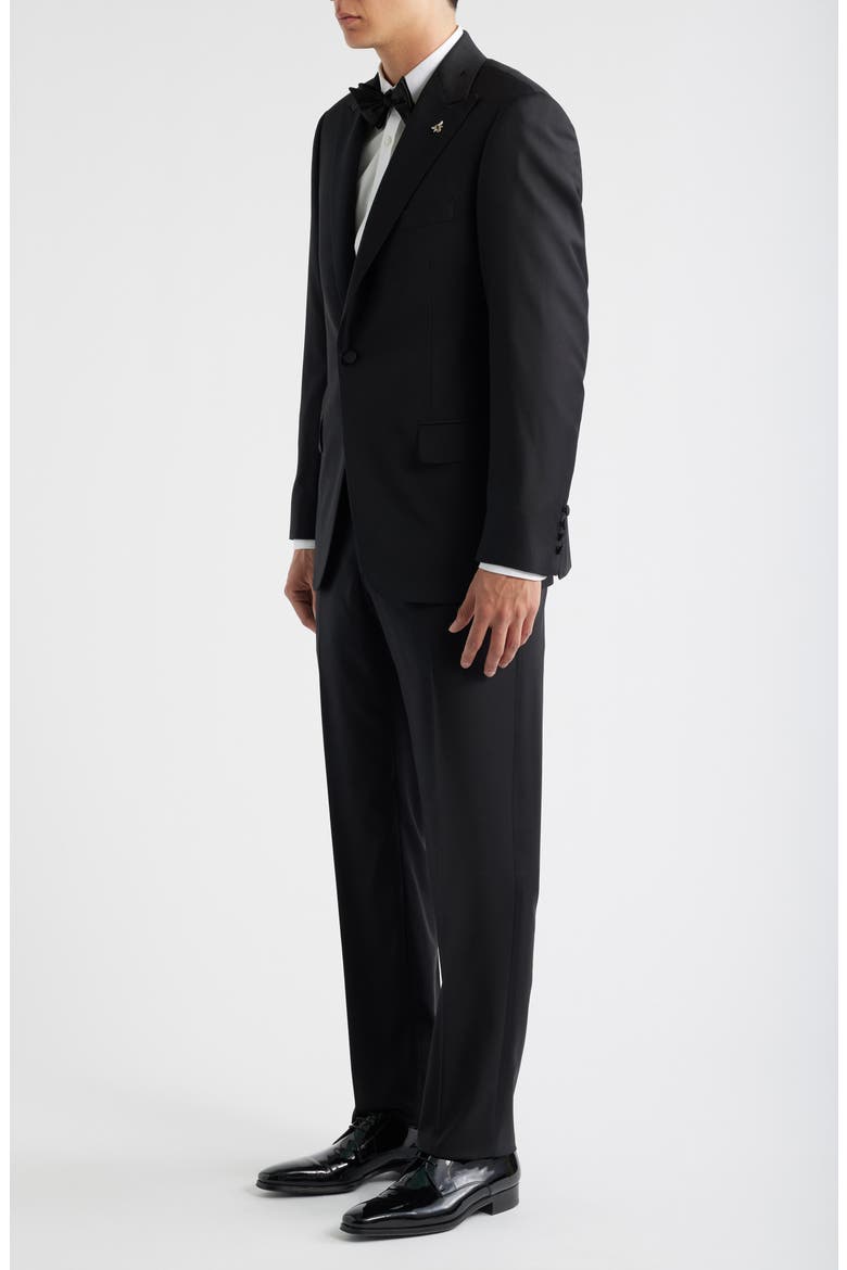 Regular Fit Peaked Lapel Black Wool Tuxedo, Alternate, color, BLACK