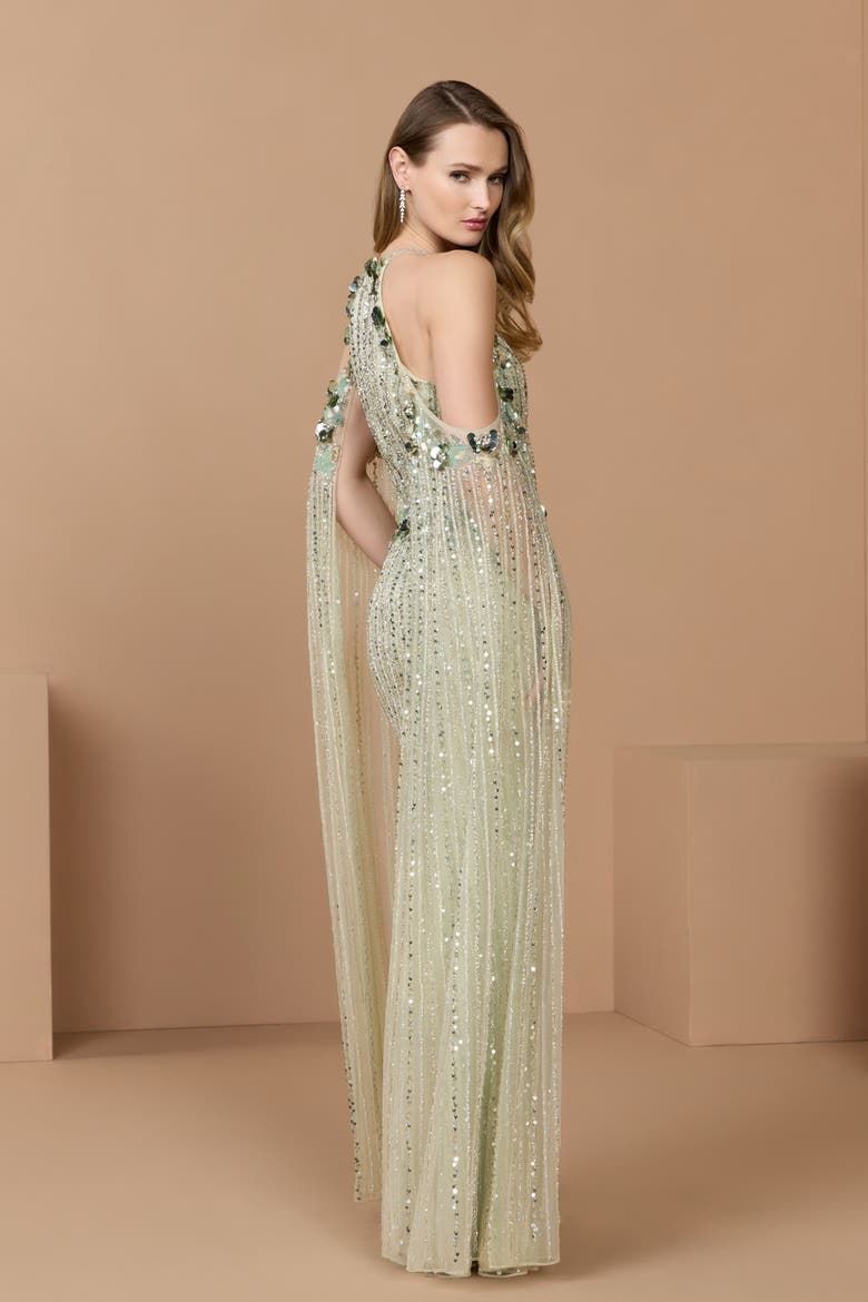 Embellished Column Gown With Cape Sleeves, Alternate, color, Seafoam