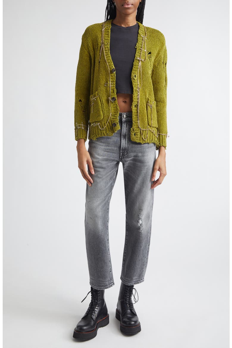 Safety Pin Chain Detail Ripped Cotton Cardigan, Alternate, color, LIGHT GREEN