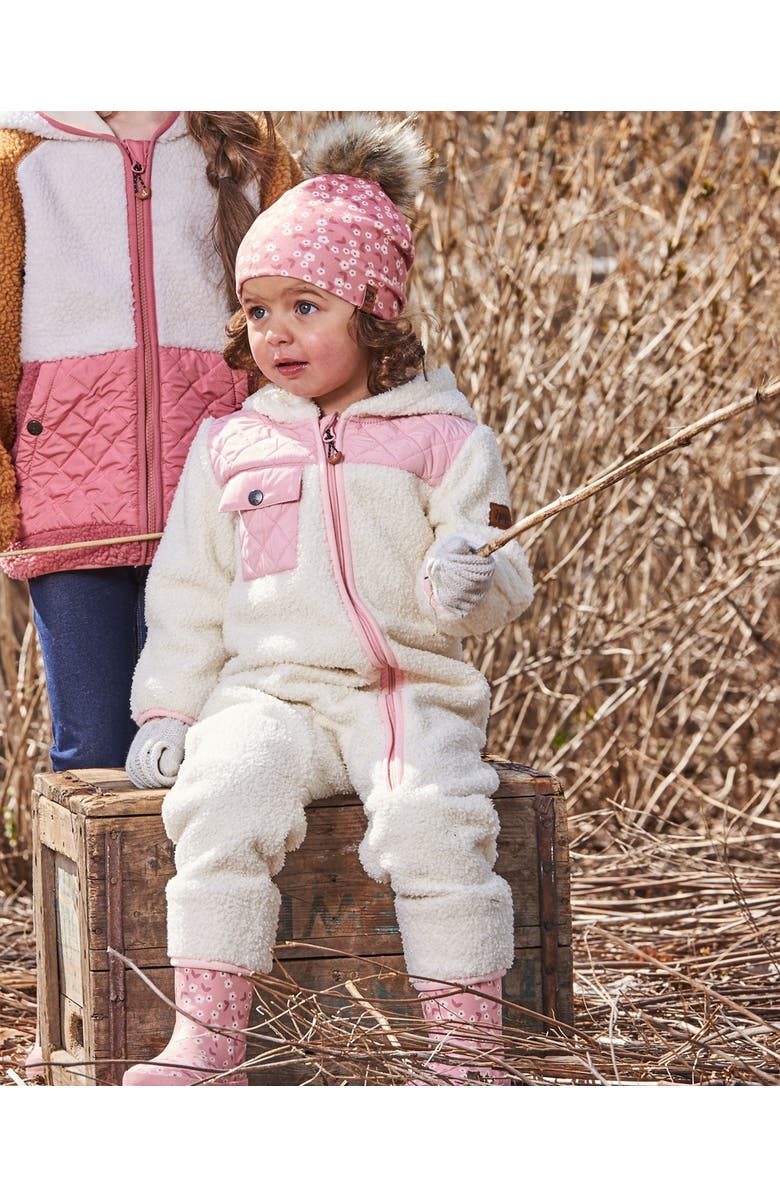Deux par Deux Girl's Printed Jersey Detachable Pompom Hat Small White Flowers On Pale Pink, Alternate, color, White Flowers On Pale Pink