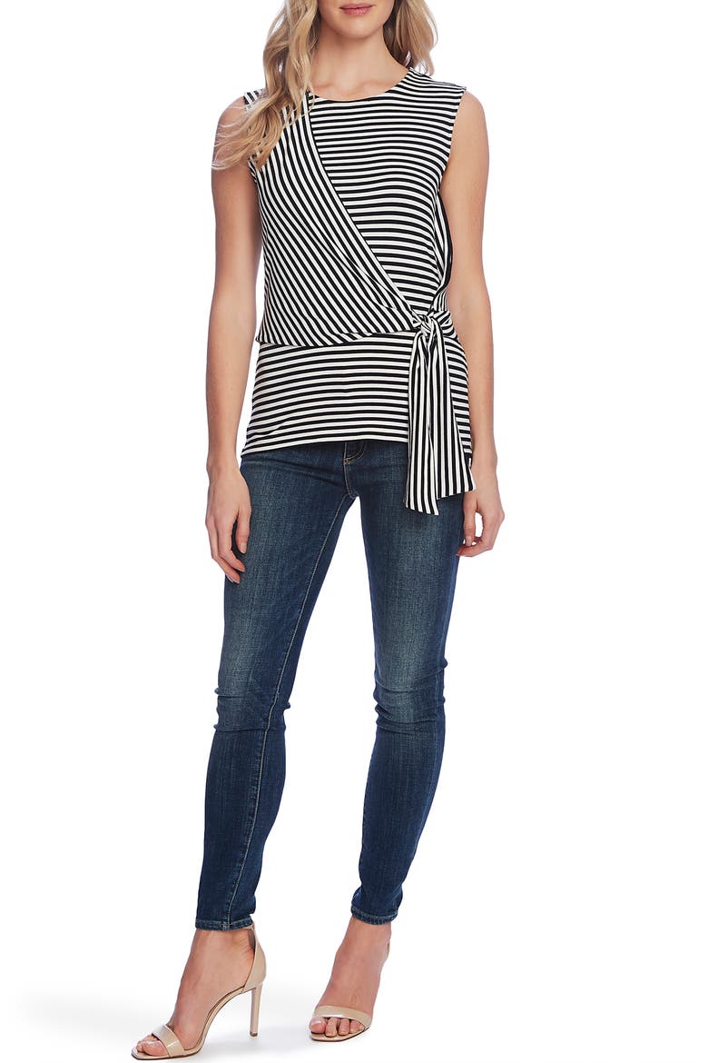 Vibration Stripe Tie Front Sleeveless Top, Alternate, color, RICH BLACK