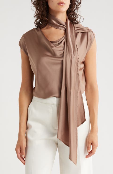 Cap Sleeve Satin Top with Scarf