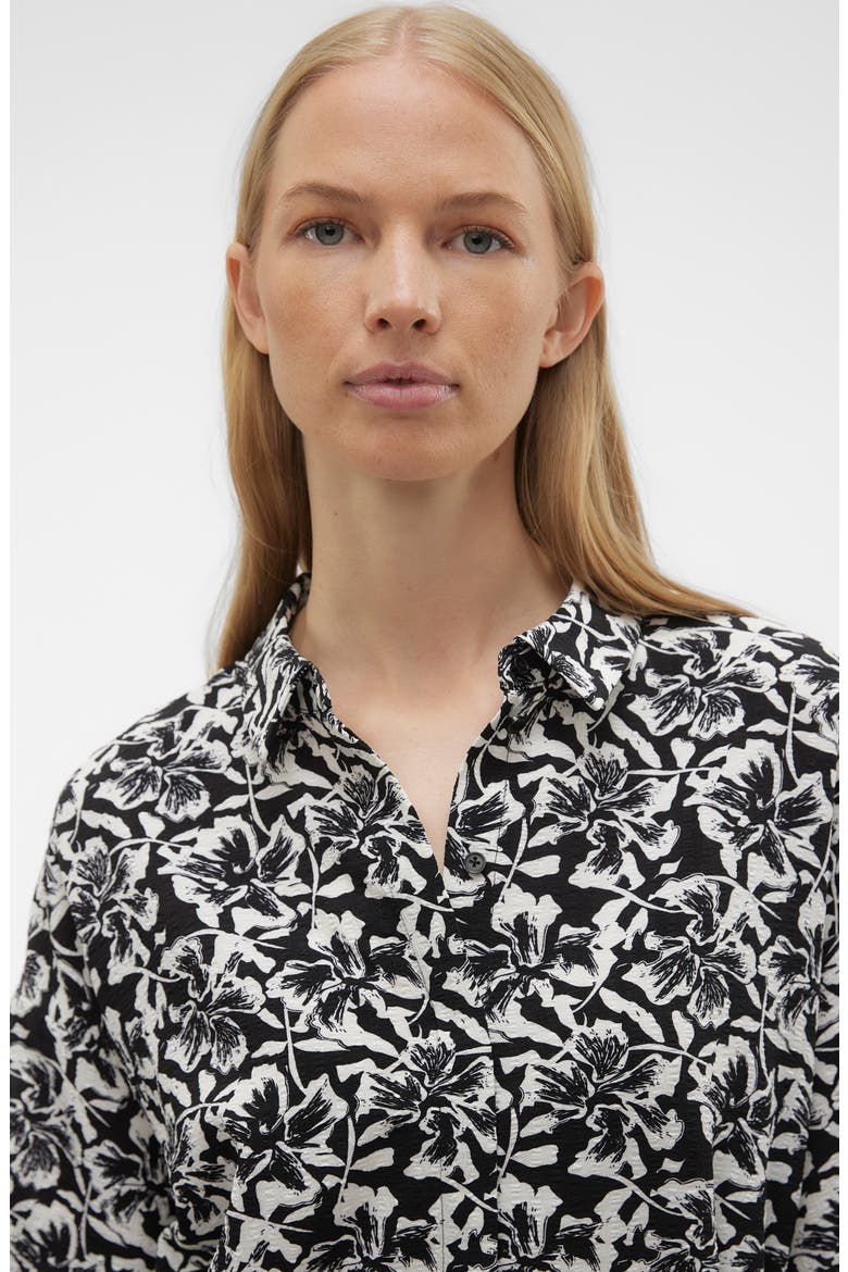 Sophia Floral Print Long Sleeve Shirtdress, Alternate, color, BLACK AOP WHITE FLOR