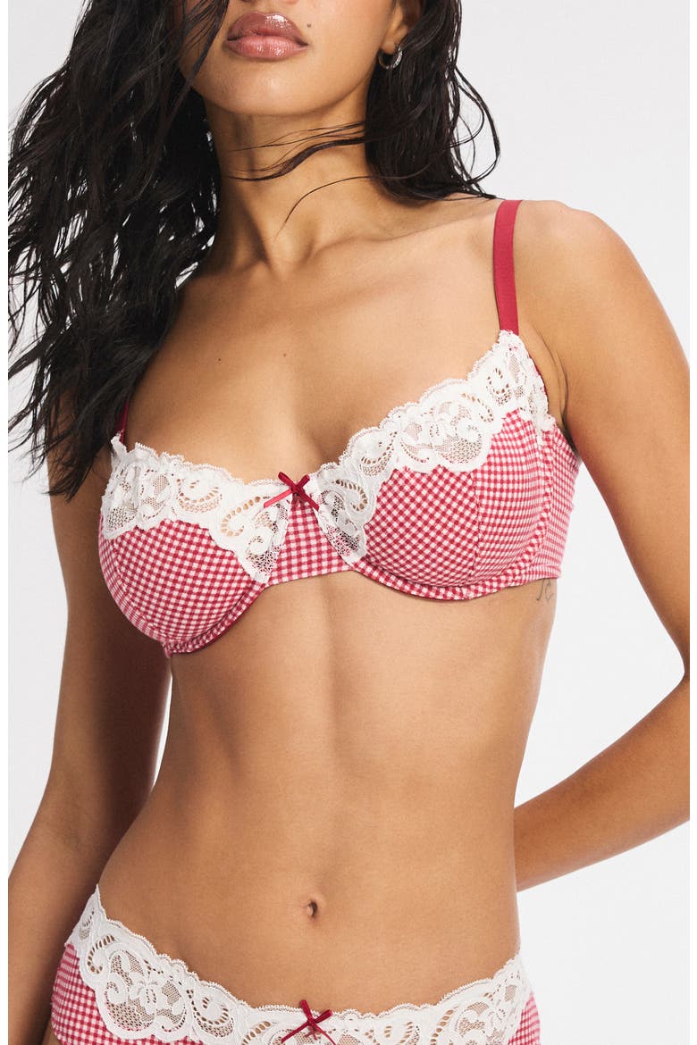 Swirly Girly Unlined Low-Cut Balconette Bra, Main, color, DAPPER RED CHECK EFFECT PRINT