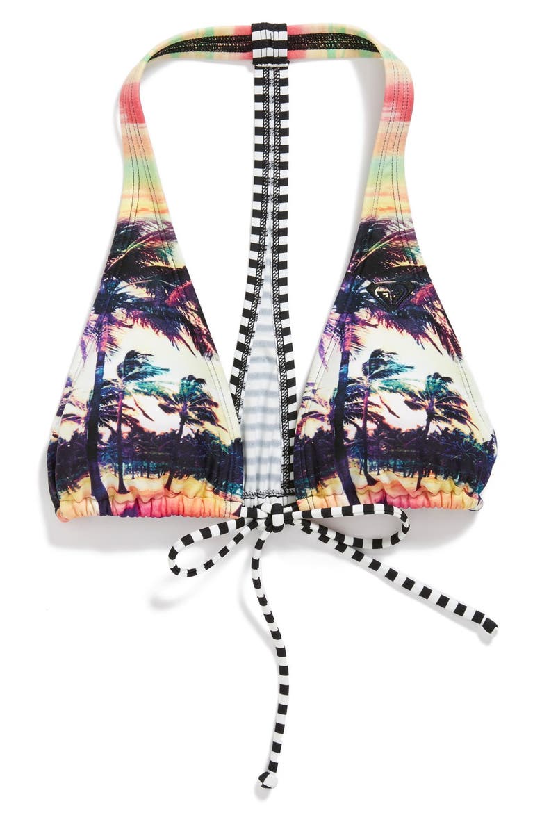 'Sunset Stripes' T-Back Halter Bikini Top, Alternate, color, SUNSET MULTI