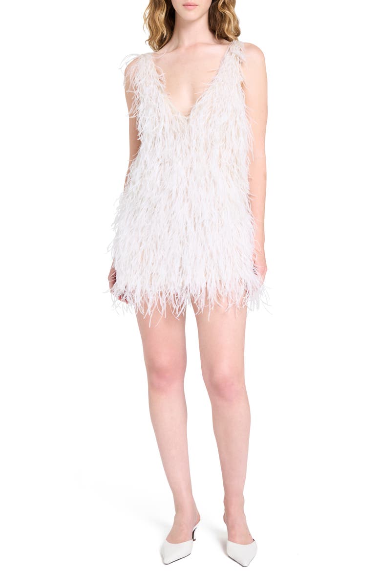 Plunge Neck Feather Minidress, Main, color, IVORY
