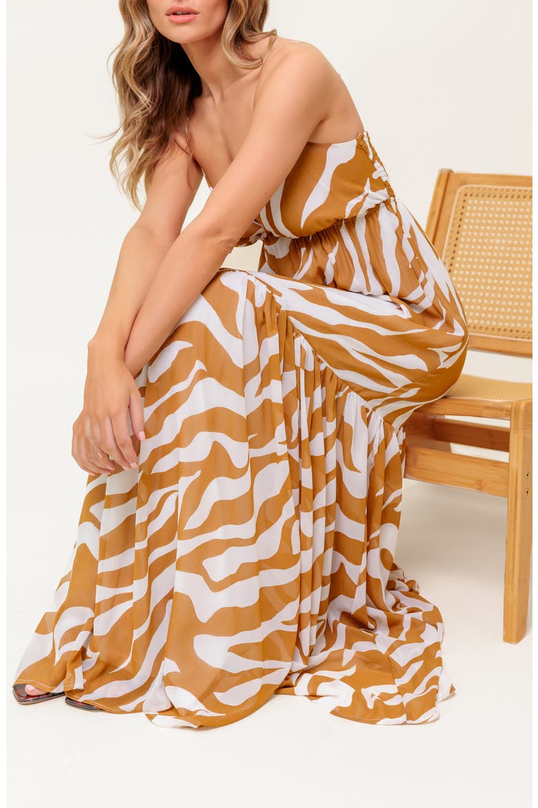 Zebra Print V-Neck Maxi Dress, Alternate, color, ALMOND