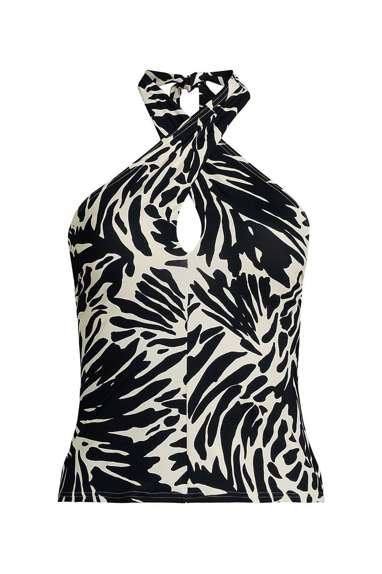 Criss Cross Halter Tankini Swimsuit Top, Alternate, color, Black/Egret White Leaf Scroll