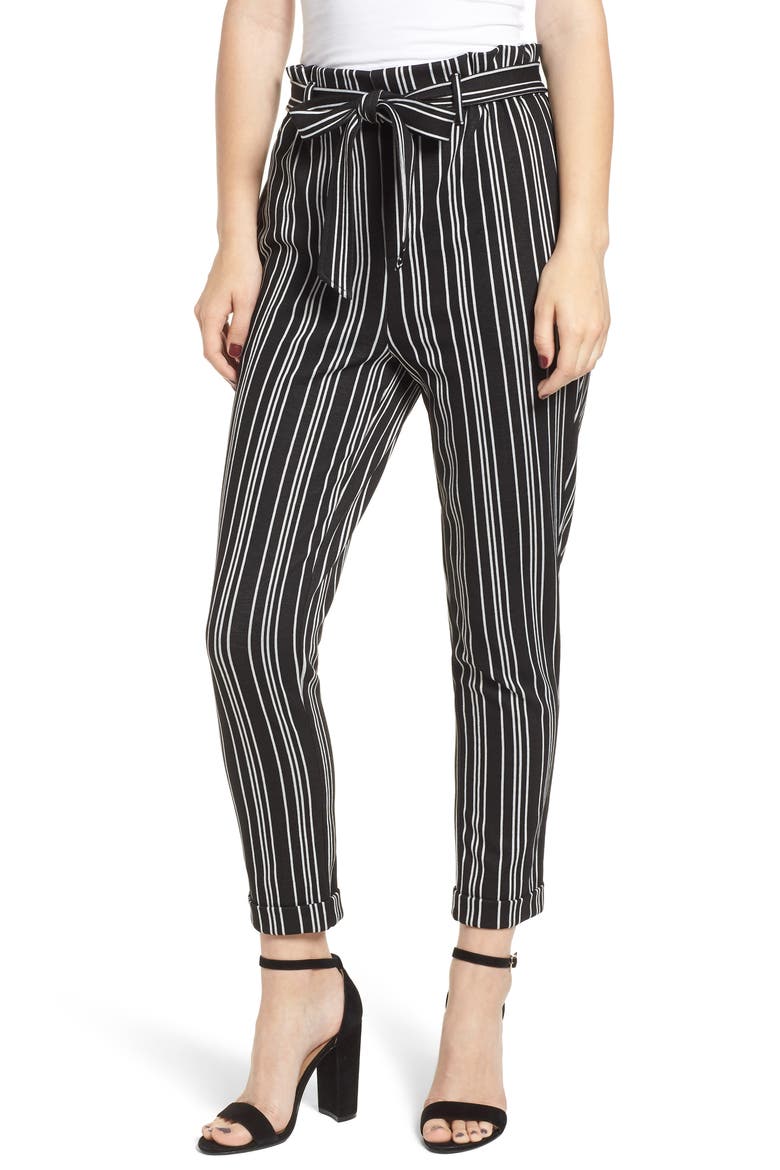 Stripe Paperbag Waist Crop Pants, Main, color, BLACK/ WHITE