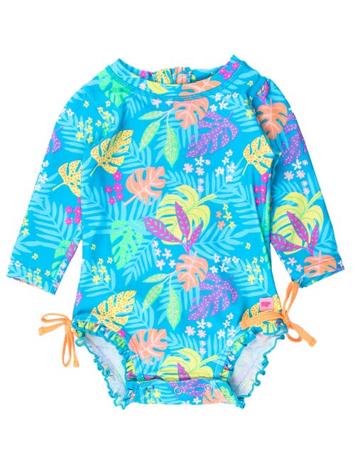 Rufflebutts Baby Girls Long Sleeve Upf50+ One Piece Rash Guard In Neon Tiki Vibes