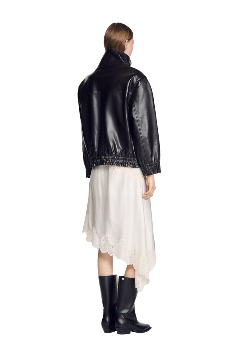 Standing collar leather jacket, Alternate, color, Black brown