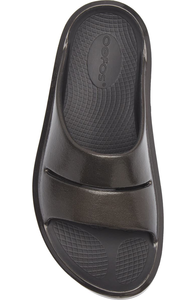 Oofos OOmega OOahh Slide Sandal, Alternate, color, Black/ Titanium Mirror