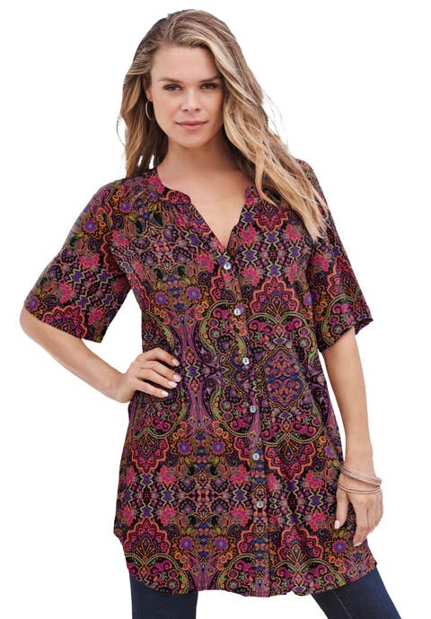 Plus Size Angelina Crinkle Crepe Y-Neck Short Sleeve Tunic