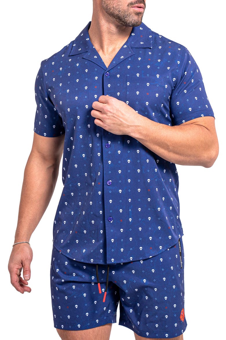 Beachskull Blue Short Sleeve Cotton Button-Up Shirt, Alternate, color, BLUE