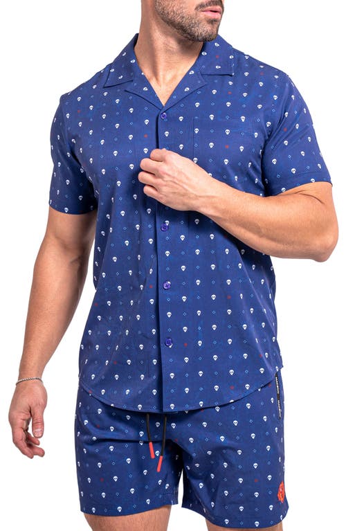 Maceoo Beachskull Blue Short Sleeve Cotton Button-up Shirt In Blue