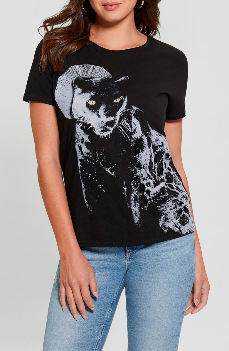 GUESS Panther Moon Embellished Organic Cotton Graphic T-Shirt, Main, color, 