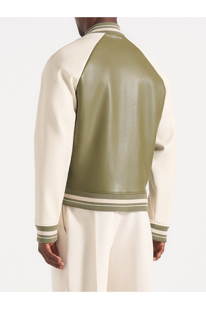 Guy Contrast Leather Bomber Jacket, Alternate, color, Olive/Cream