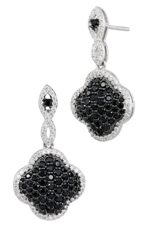 Two Tone CZ Clover Drop Earrings