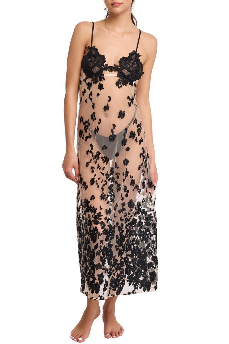 Kiki Flower Appliqué Mesh Nightgown, Main, color, BLACK