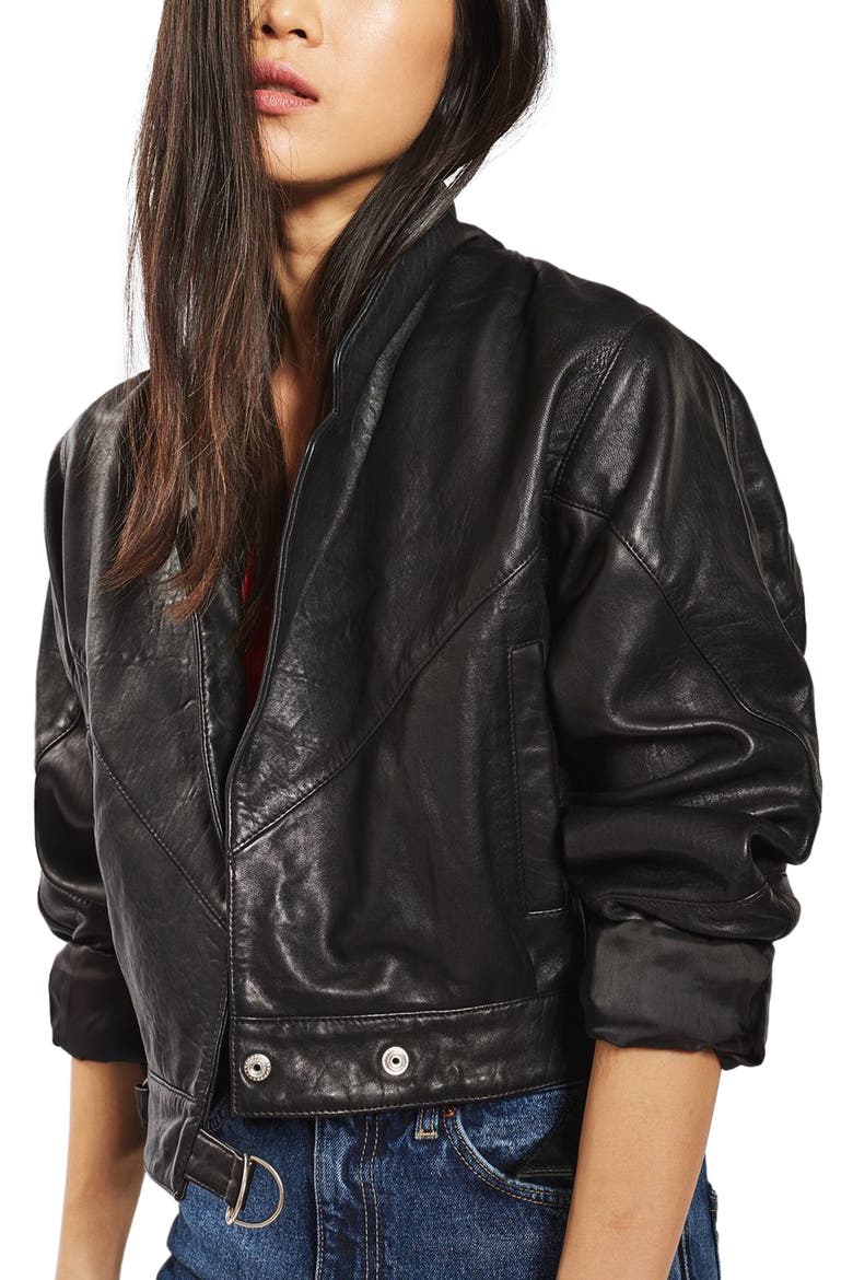 Maggie Cropped Leather Jacket, Main, color, BLACK