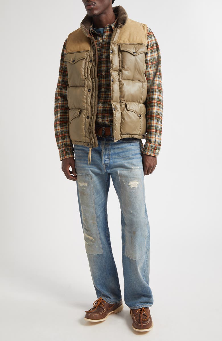 Double RL Leather Yoke Recycled Nylon Ripstop Puffer Vest, Alternate, color, Vintage Olive