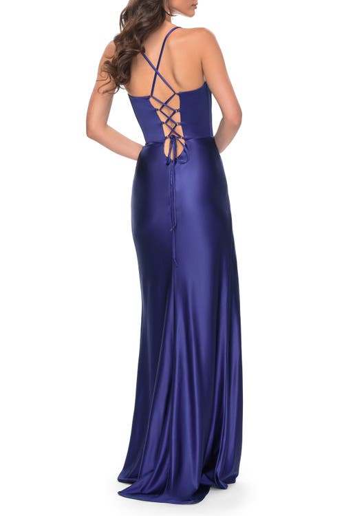 La Femme Stretch Satin Gown With Bustier Top And Lace Up Back In Marine Blue