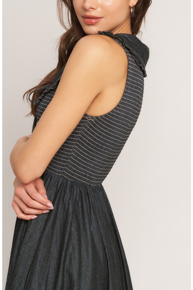 Ruffle Collar Sleeveless Fit & Flare Denim Midi Dress, Alternate, color, DARK INDIGO