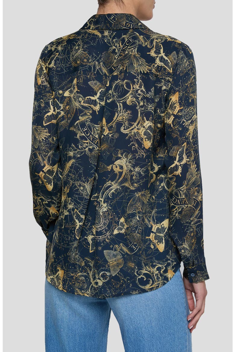 Nina Zodiac Toile Print Silk Button-Up Shirt, Alternate, color, MIDNIGHT/ GOLD ZODIAC TOILE