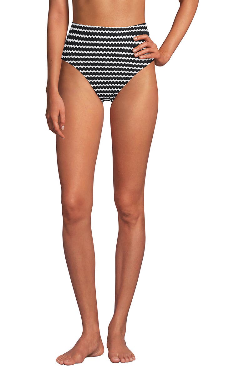 Lands' End Ribbed Smoothing High Waisted Bikini Bottoms, Alternate, color, Striped Black/White