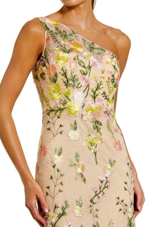 Mac Duggal One Shoulder Lace Embroidered Gown In Yellow Multi