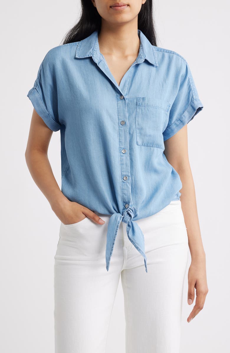 beachlunchlounge Romi Tie Front Denim Shirt, Main, color, Light Wash