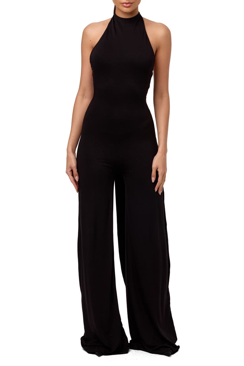 Smooth Halter Wide Leg Jumpsuit, Main, color, BLACK