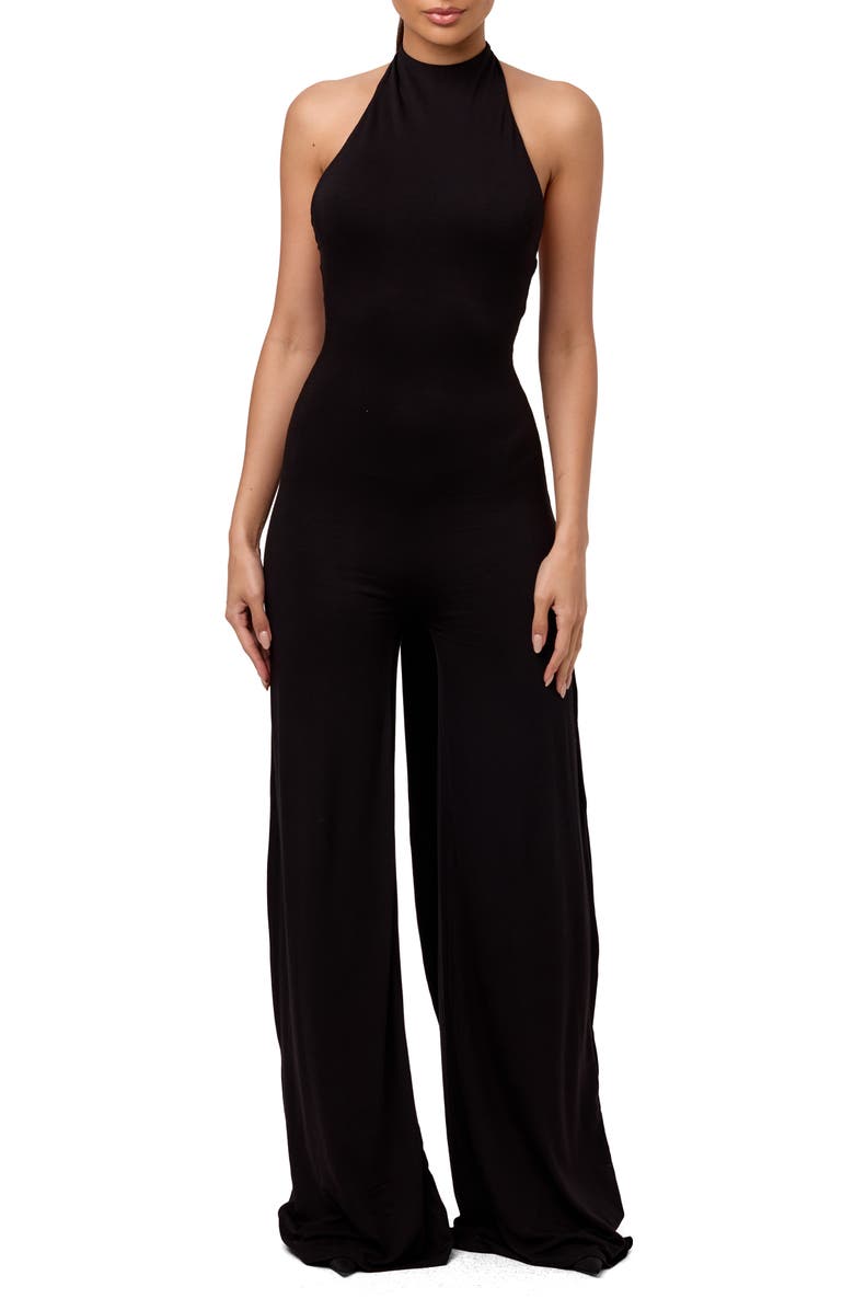 Naked Wardrobe Smooth Halter Wide Leg Jumpsuit, Main, color, Black