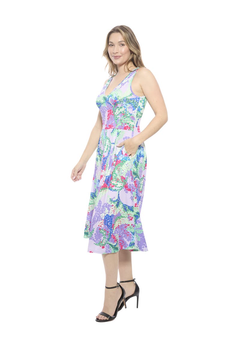 Womens Abstract V-Neck Sleeveless Pleated Pocket Midi Fit N Flare Dress, Alternate, color, Purple Multi