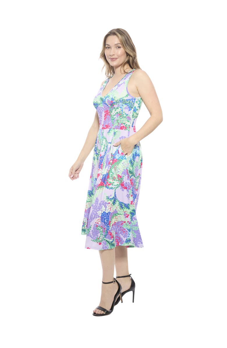 24seven Comfort Apparel Womens Abstract V-Neck Sleeveless Pleated Pocket Midi Fit N Flare Dress, Alternate, color, Purple Multi