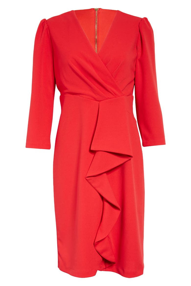 Cascade Ruffle Crepe Sheath Dress, Alternate, color, RED