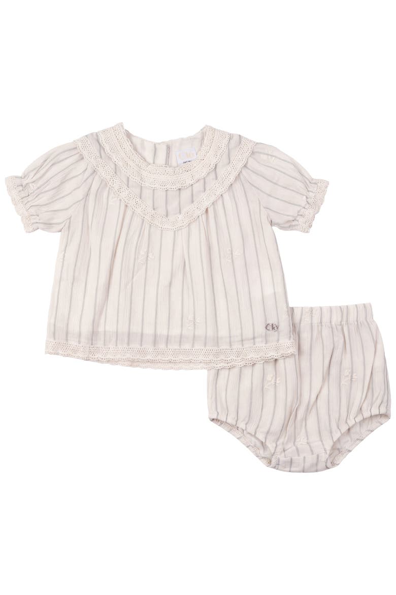 Stripe and Floral Woven Short Sleeve Top and Bloomer Set, Main, color, Cream/Dark Green