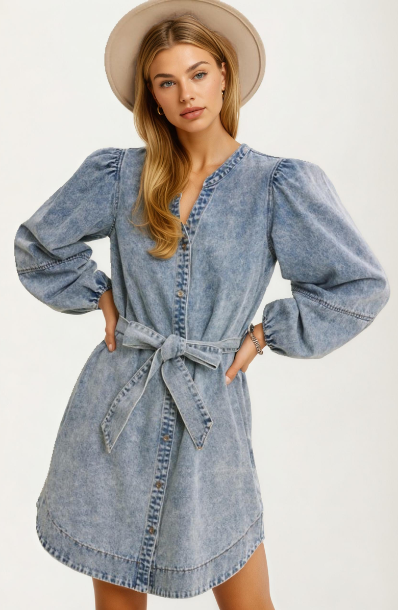 Knit and Lounge Puff Shoulder Tie Waist Long Sleeve Denim Mini Dress, Alternate, color, 