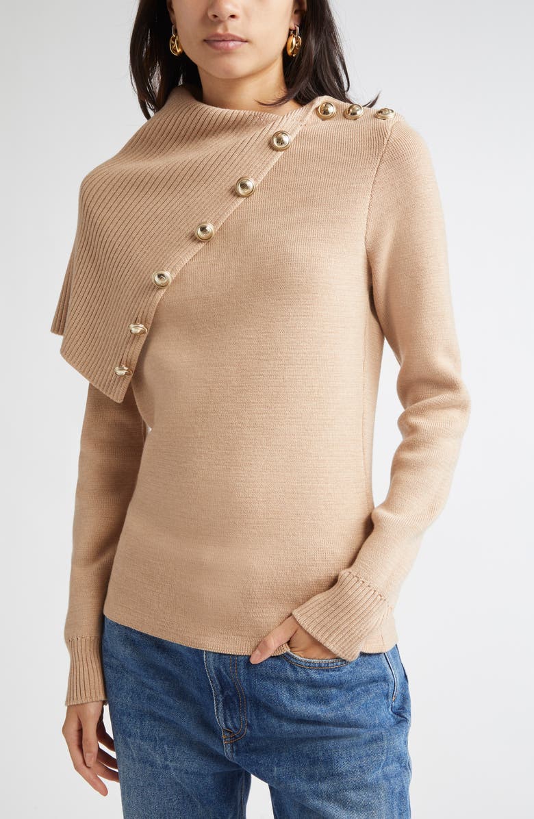 Rabanne Drape Shoulder Merino Wool Sweater, Alternate, color, Beige