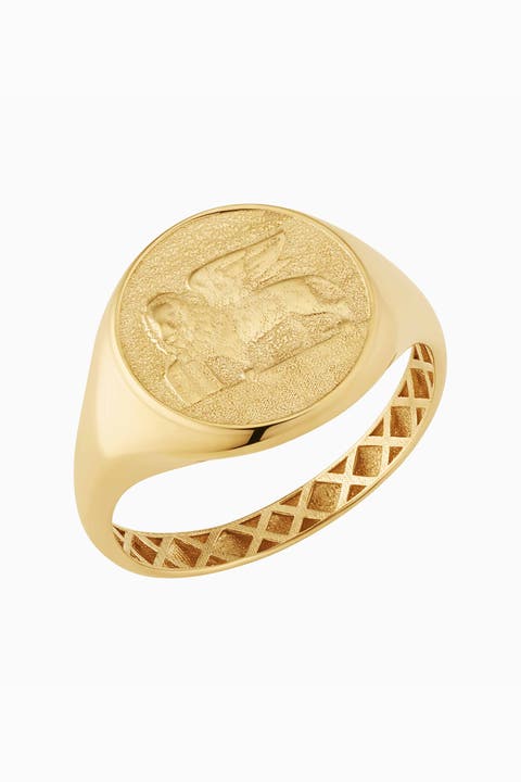 14K Yellow Gold Flying Lion Signet Ring