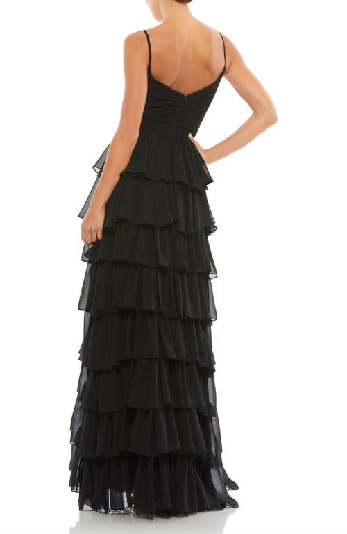 Mac Duggal Tiered Ruffle Empire Waist Chiffon Gown In Black