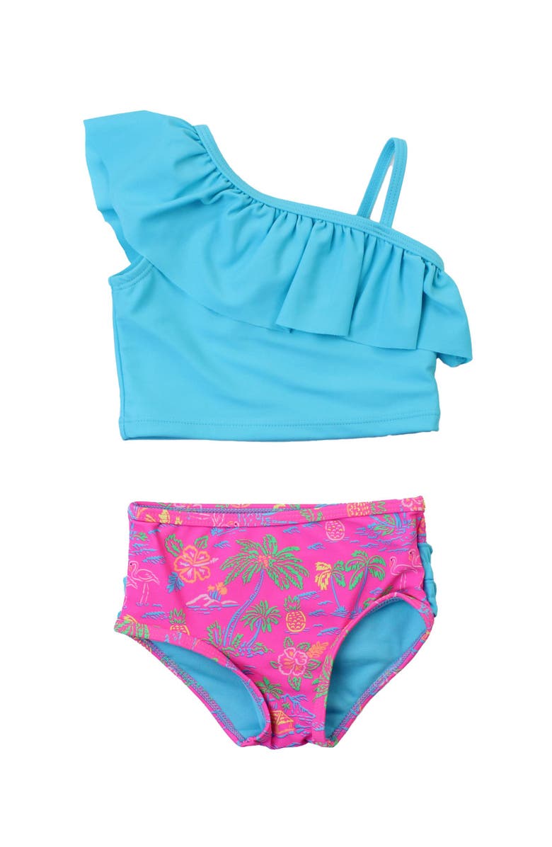 RuffleButts Girls One Shoulder Ruffle Tankini, Main, color, Neon Island Time