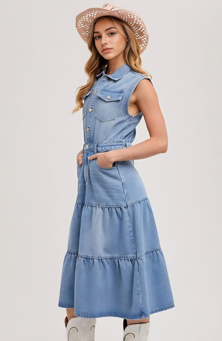 Knit and Lounge Sleeveless Denim Midi Dress, Alternate, color, Light Blue