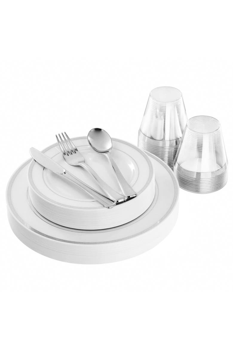 150 Piece Disposable Plastic Dinnerware Party Set, Main, color, Silver