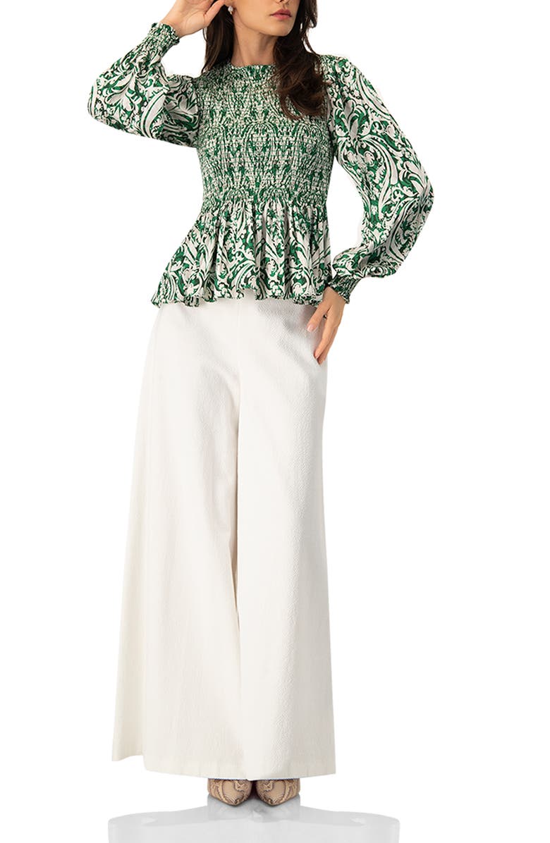 IVONNE Green Baroque Print Smocked Peplum Blouse, Alternate, color, Green