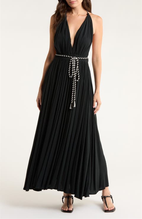 Plunge Tie Belt Maxi Cover-Up Dress
